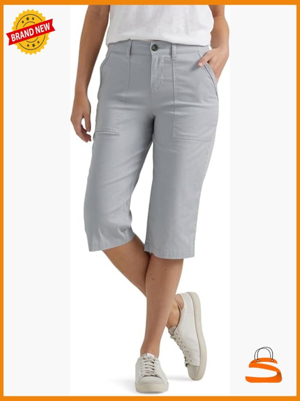 Mid Rise Relaxed Fit Cotton Stretch Skimmer Capris with Pockets